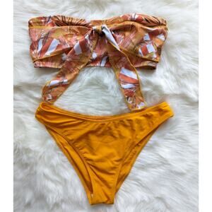 Shein Orange Tropical Print Bandeau Bikini sz small new